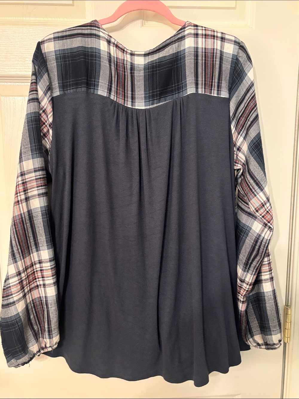 Knox Rose Navy, White & Burgundy Plaid Lace-Up Peasant Blouse - Picture 4 of 4